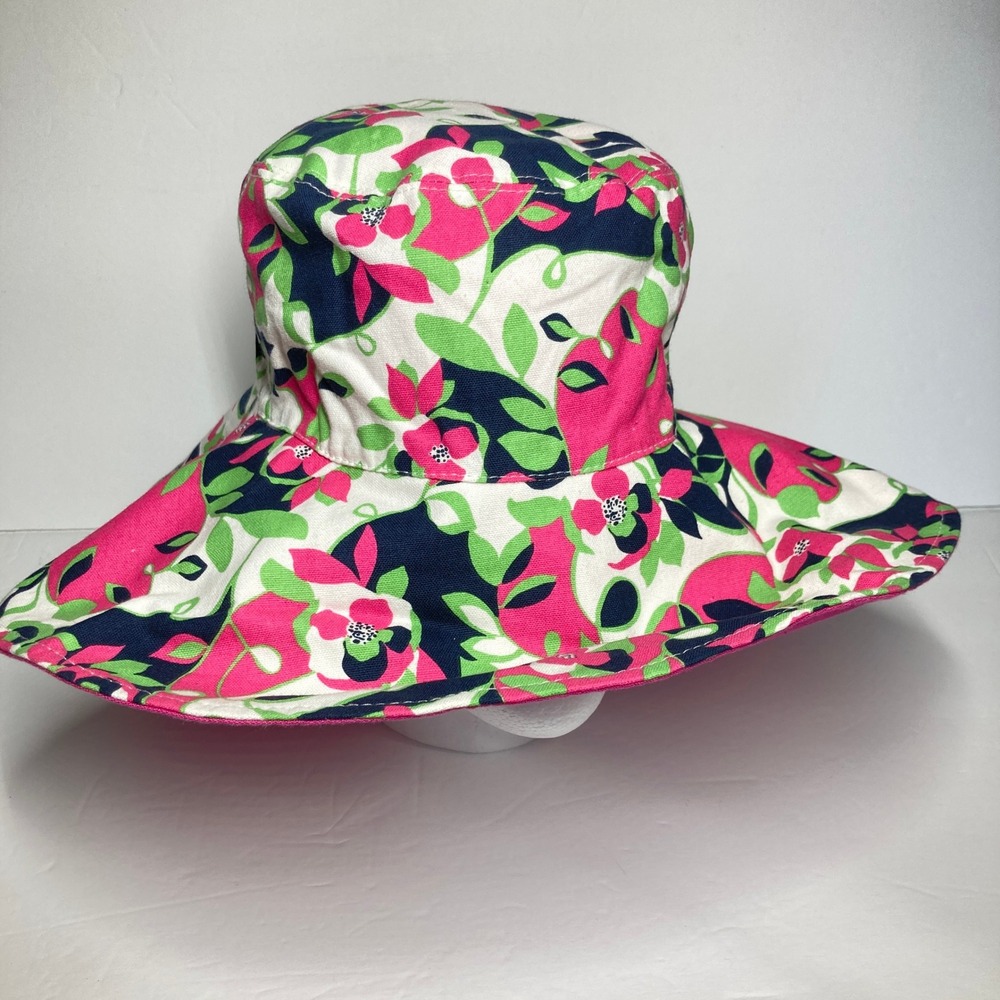 Liz Claiborne Sun Hat Women OS Pink Green Floral Reversible Wide Brim Beach Sun